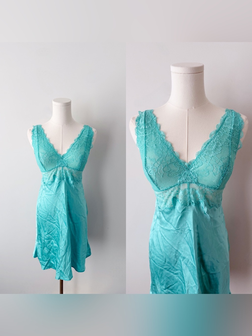 NK Mode teal 100% silk lace mini slip dress